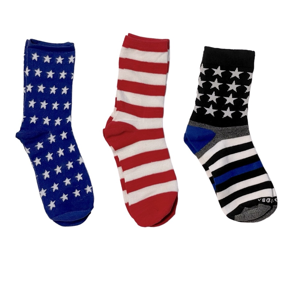 Girls Crew Socks Stars and Stripes Patriotic Themed Three Pair Bundle